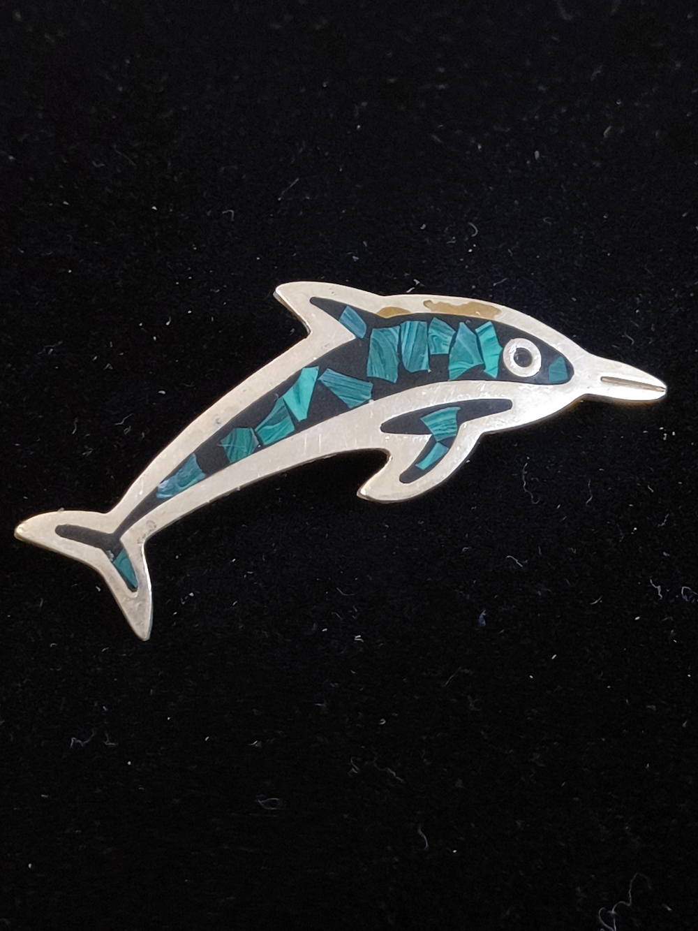 VTG Mexico 925 Sterling Silver Malachite Inlay Dolphin Pin Brooch Heavy 9.6g